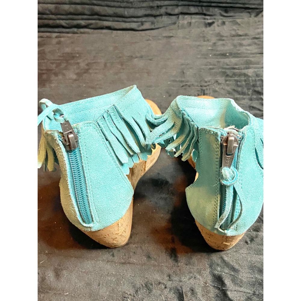 Minnetonka Aqua Blue Suede Fringe Boho Cork Wedge Sandals 71305 Sz 7 - Picture 3 of 6